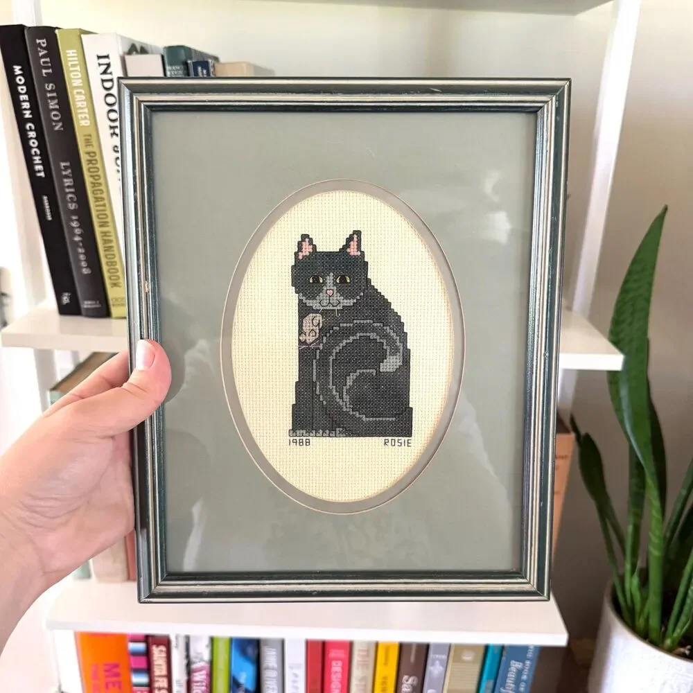 Vintage 1988 Cat Cross Stitch Wall Art / Handmade Framed Kitty Mouse Needlework